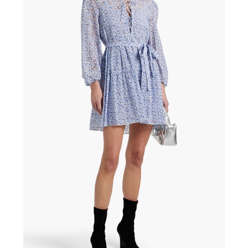 Rare Maje Burnout Romantic Garden Floral Long Sleeve Dress in Blue and White - Picture 4 of 8